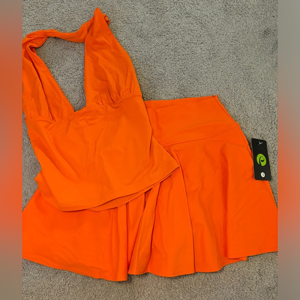 Bright Orange Halter Top and Skirt Set